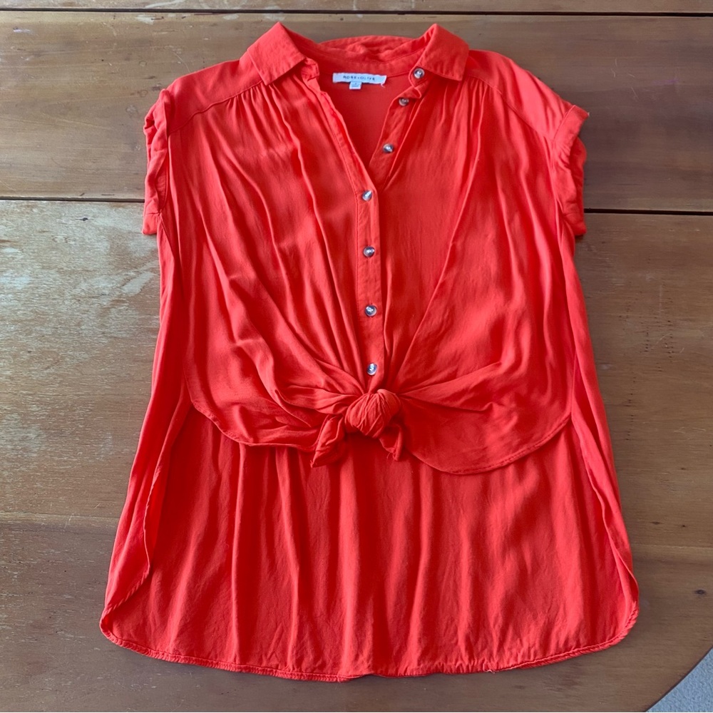 Asymmetrical Tie-Front Orange Persimmon Button-Down Top Cap Sleeves Small